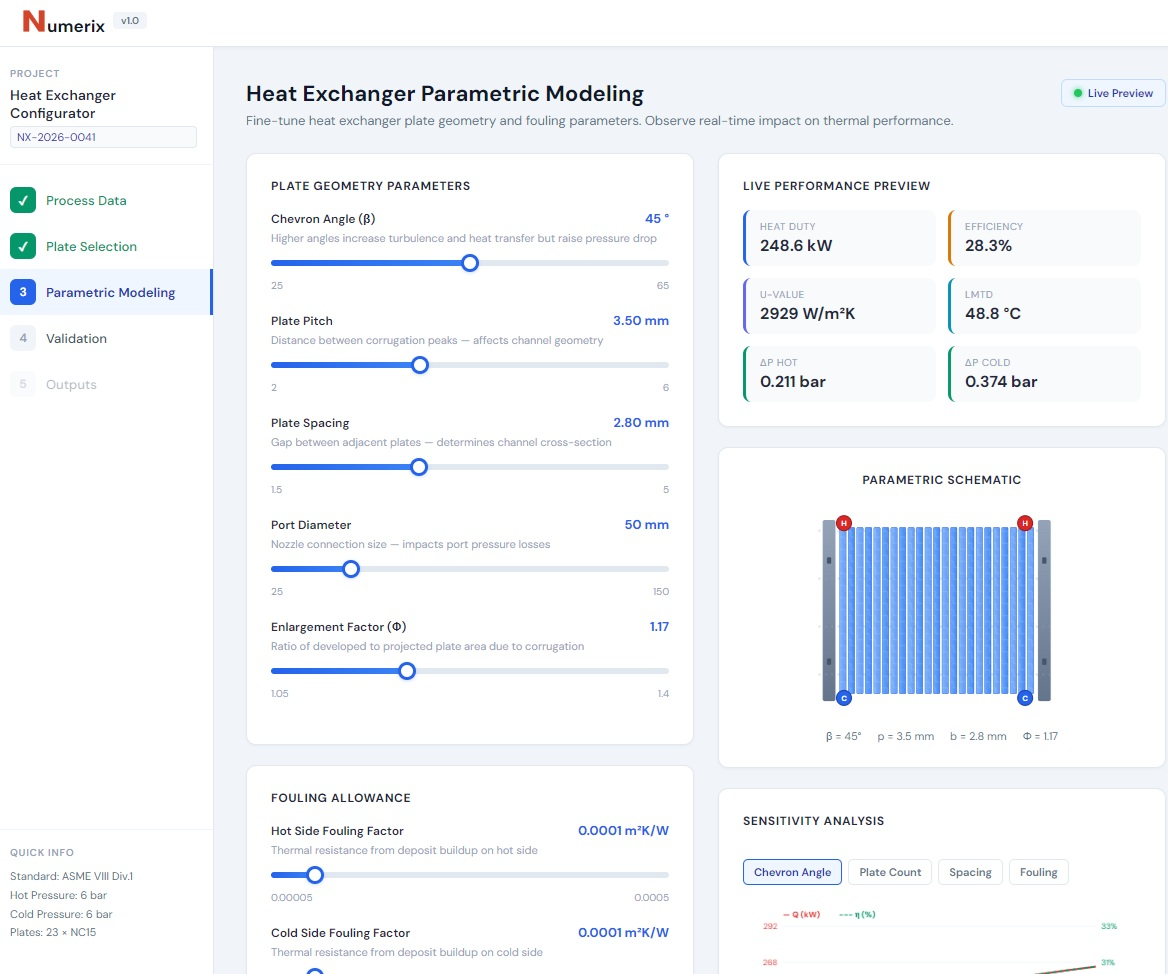 Heat Exchanger Configurator software interface — process setup