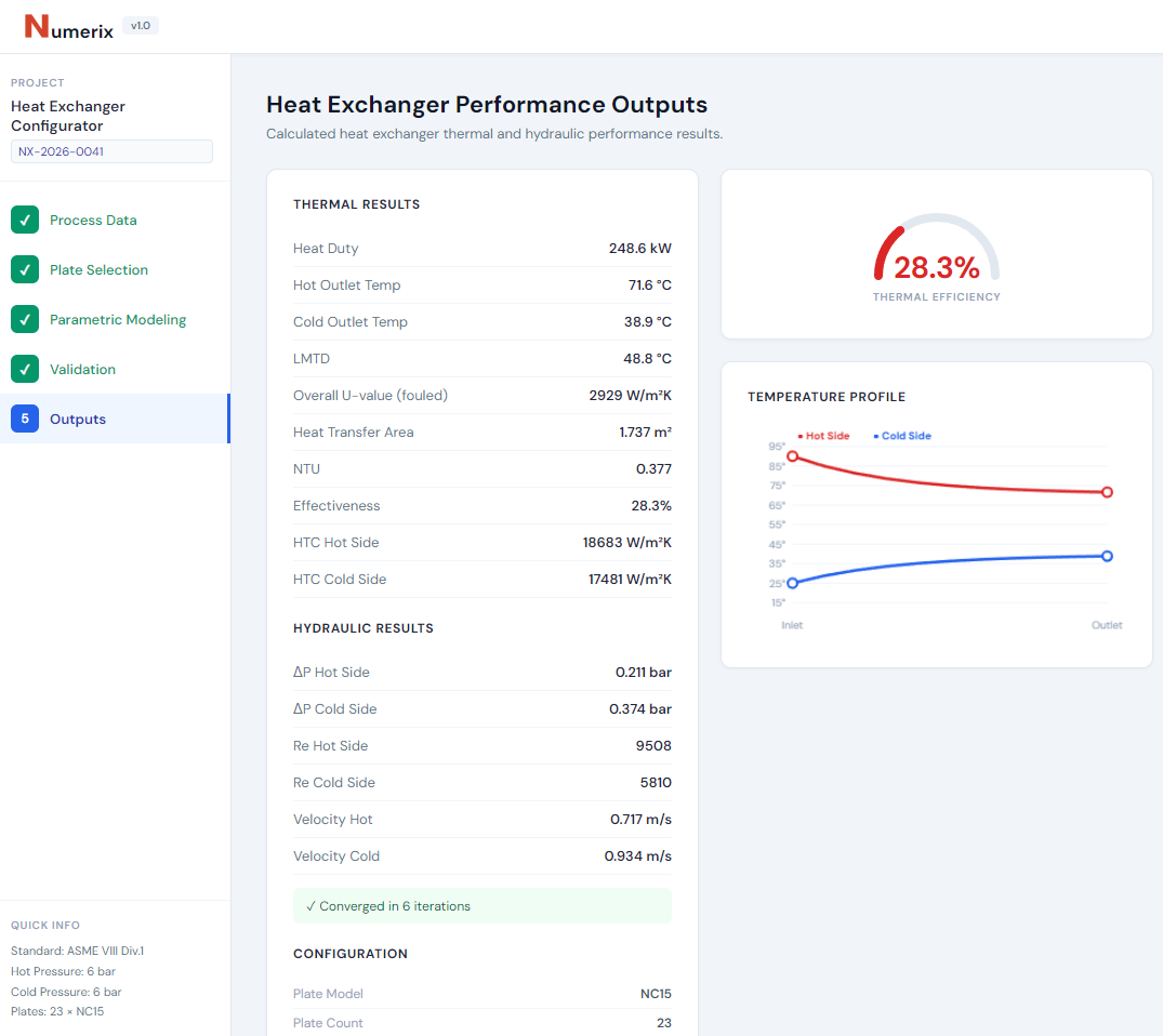 Heat Exchanger Configurator — sizing results and PDF export